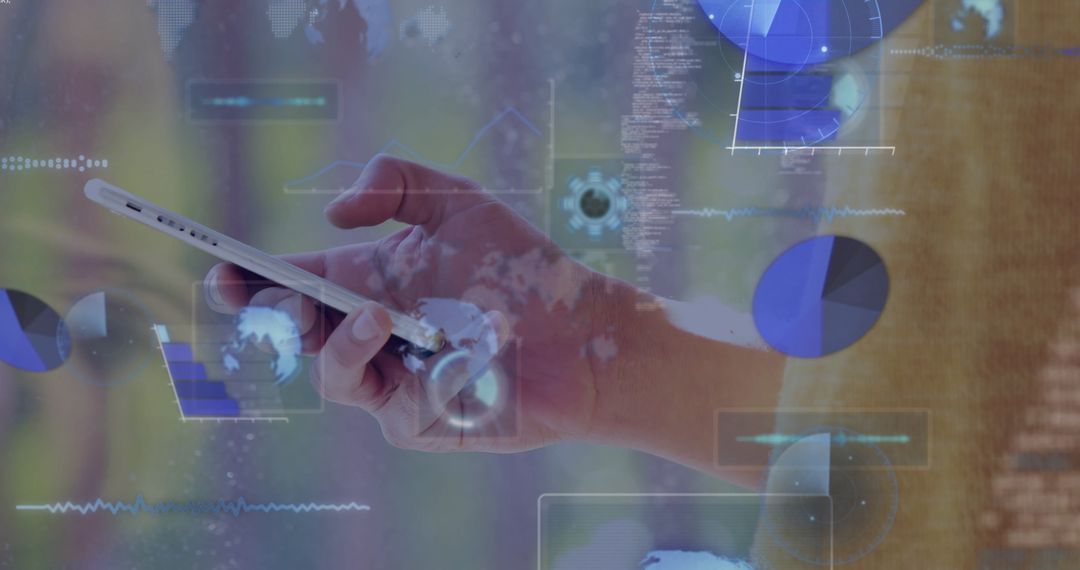 Hand Holding Smartphone with Holographic Data Visualization