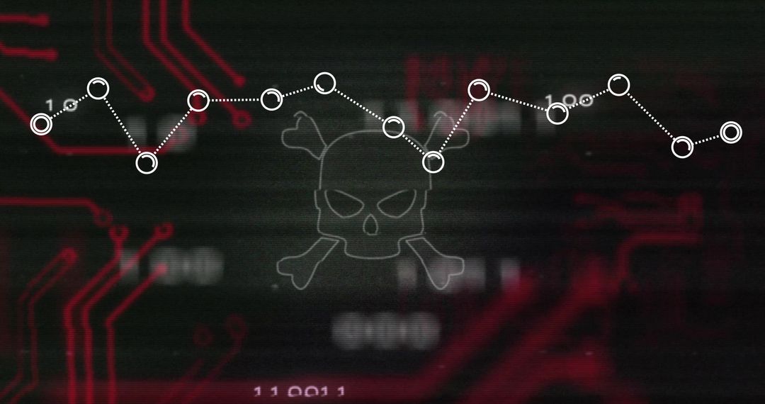 Cybersecurity Threat Scan with Skull Symbol on Circuit Background