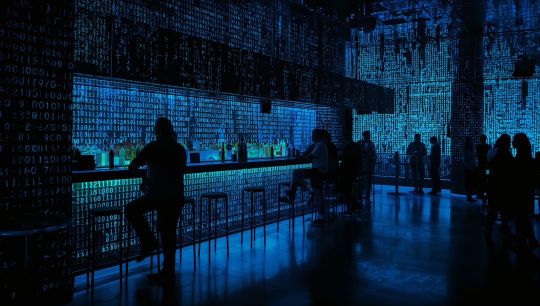 Futuristic neon bar glowing with binary code projections and silhouetted patrons
