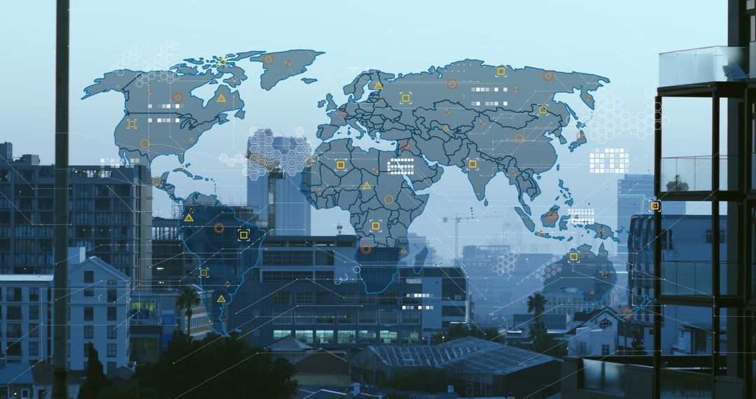 Futuristic Cityscape with Digital Global Network Map