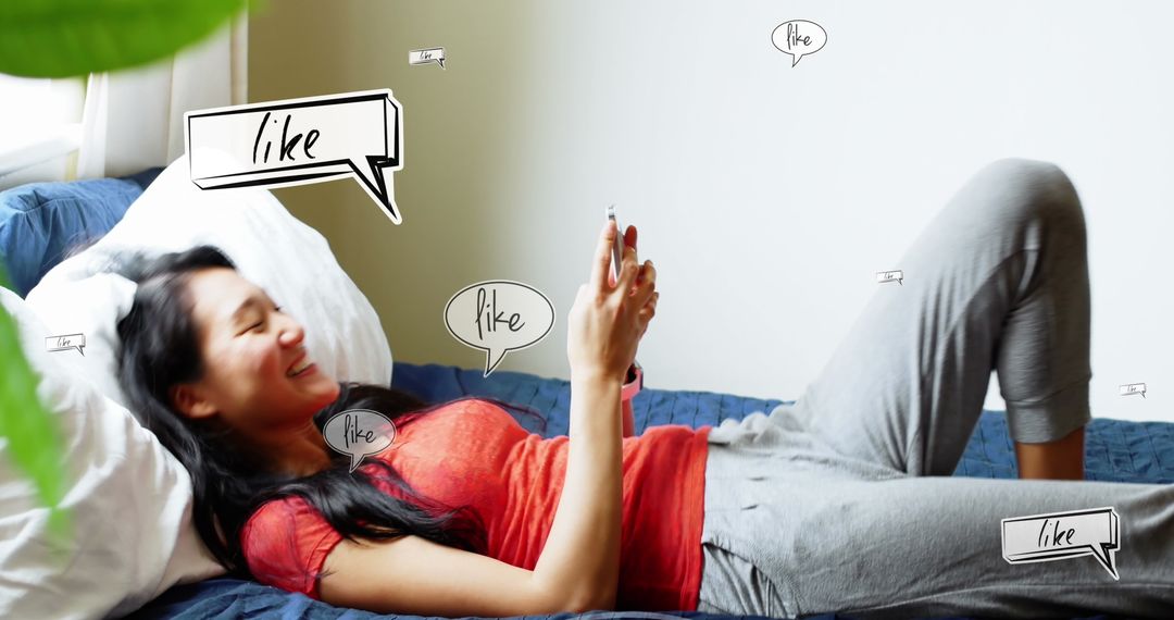 Woman Using Smartphone with Social Media Icons and Speech Bubbles