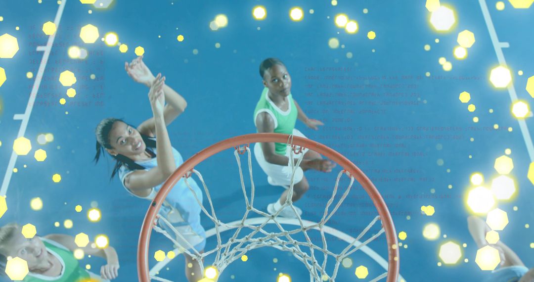 Reaching for Rim Overhead Basketball Action with Female Players and Sparkling Bokeh