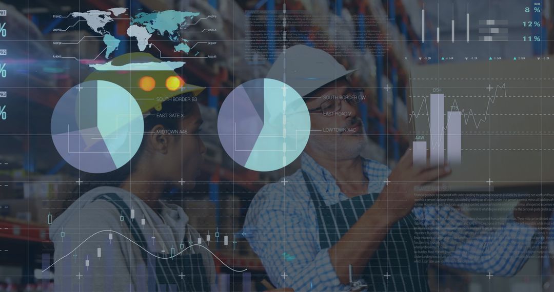 Warehouse Team Analyzing with Financial Data Overlay
