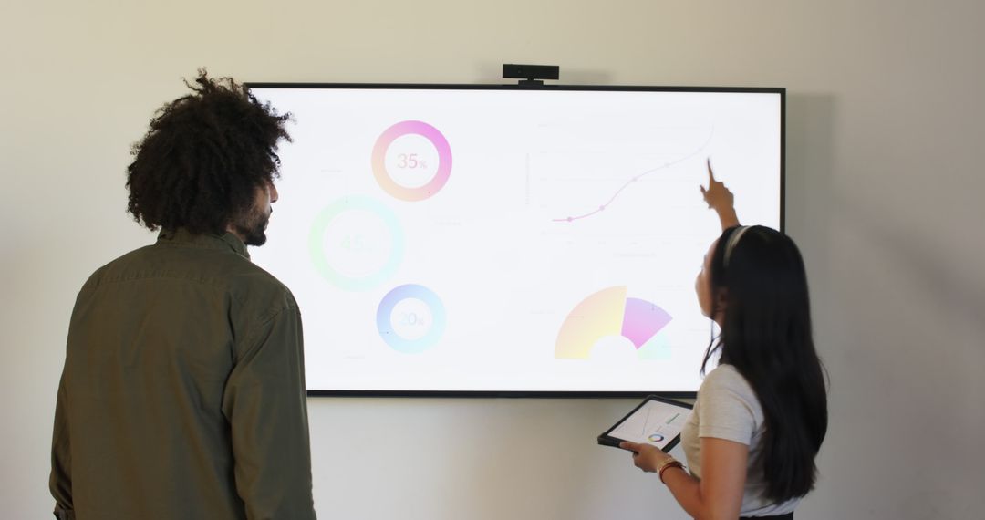 Business Professionals Analyzing Data on Digital Screen in Modern Office