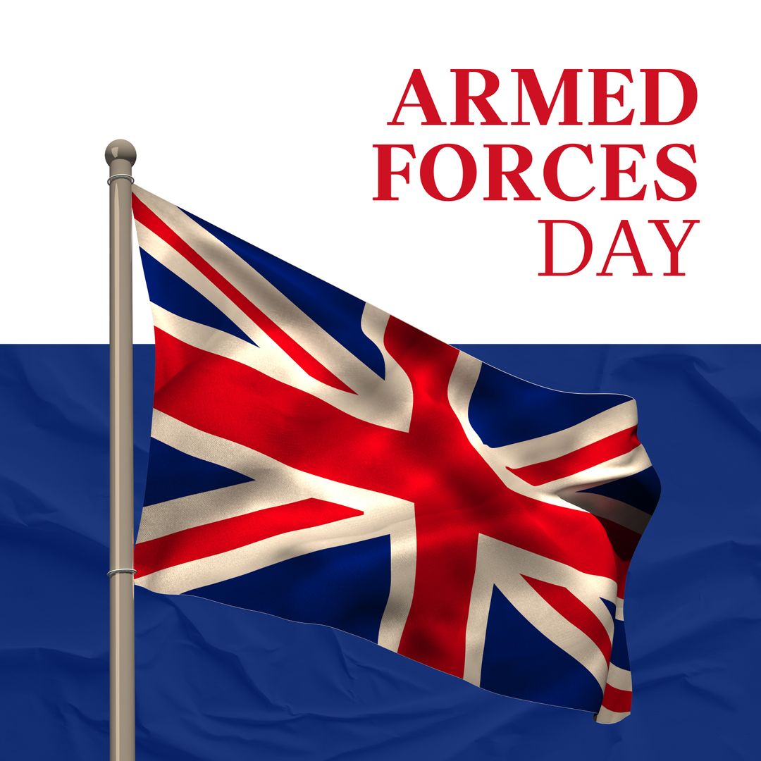 UK Flag Celebrating Armed Forces Day Over Blue and White Theme