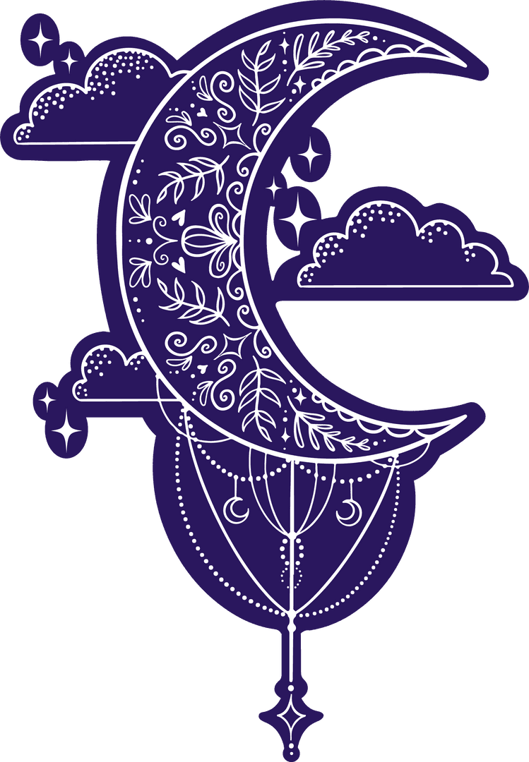 Mystical Crescent Moon with Ornate Floral Patterns on Transparent Background
