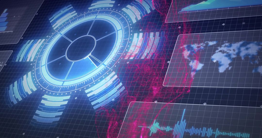 Futuristic Holographic HUD with World Map and Data Visualizations