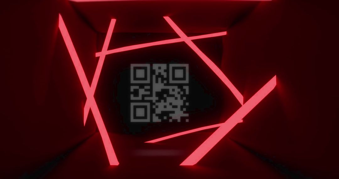 Neon Lights and QR Code on Dark Red Abstract Background