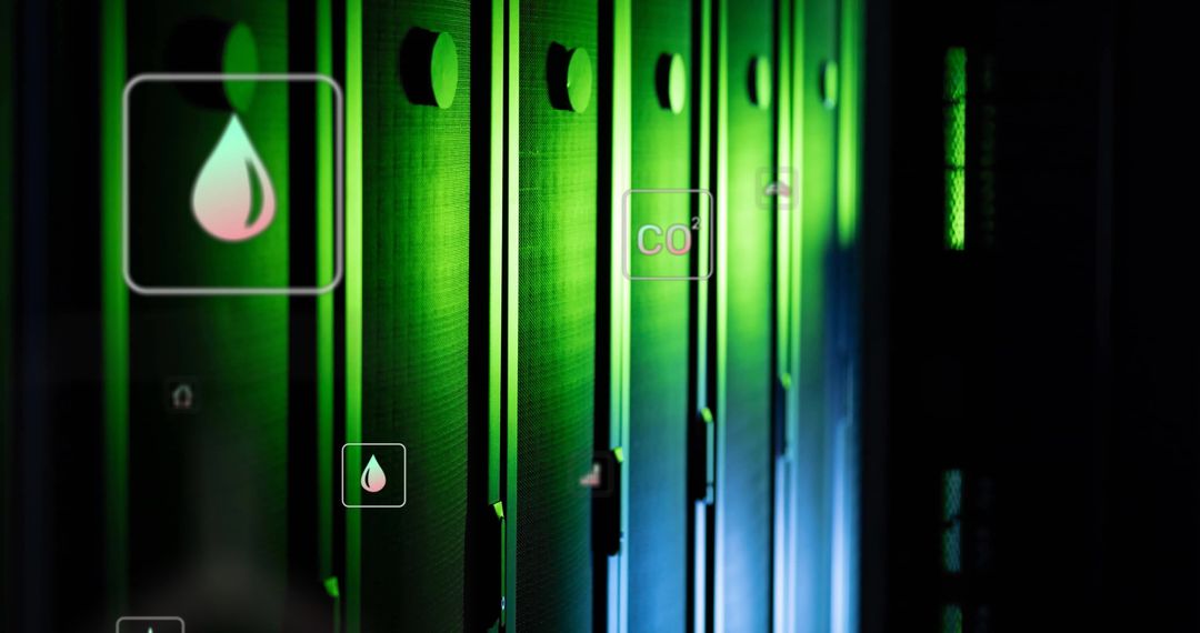 Ecology Icons Over High-Tech Server Room Green Lighting