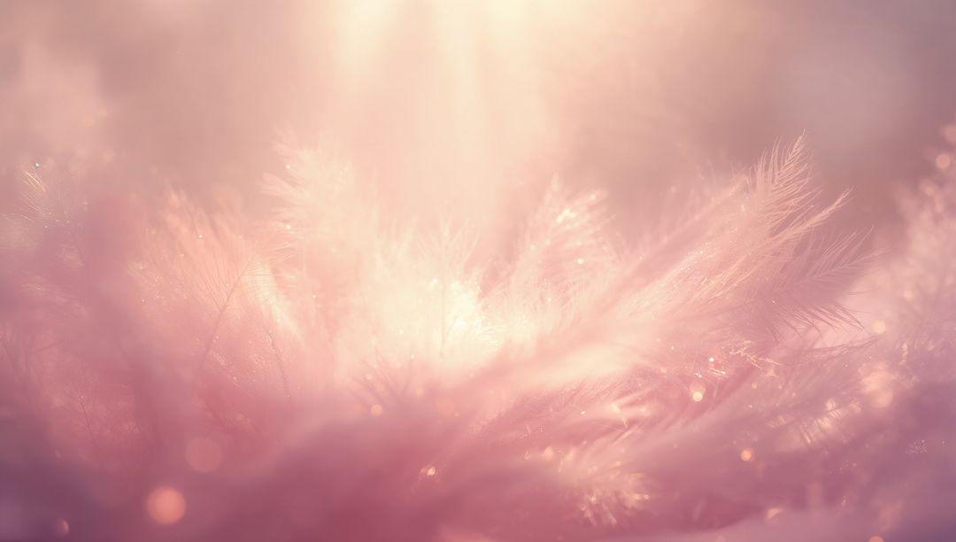 Glowing Pale Pink Feathers Bathing in Warm Light with Soft Bokeh Sparkles, Macro