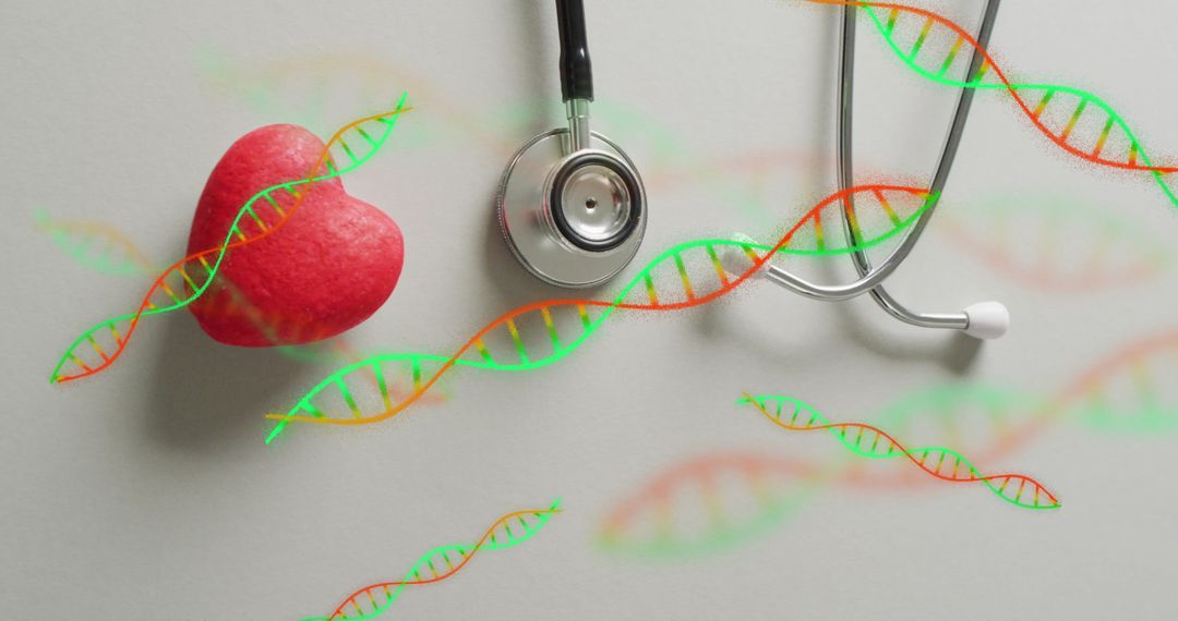 DNA Strands Over Heart and Stethoscope Representing Genetic Medicine