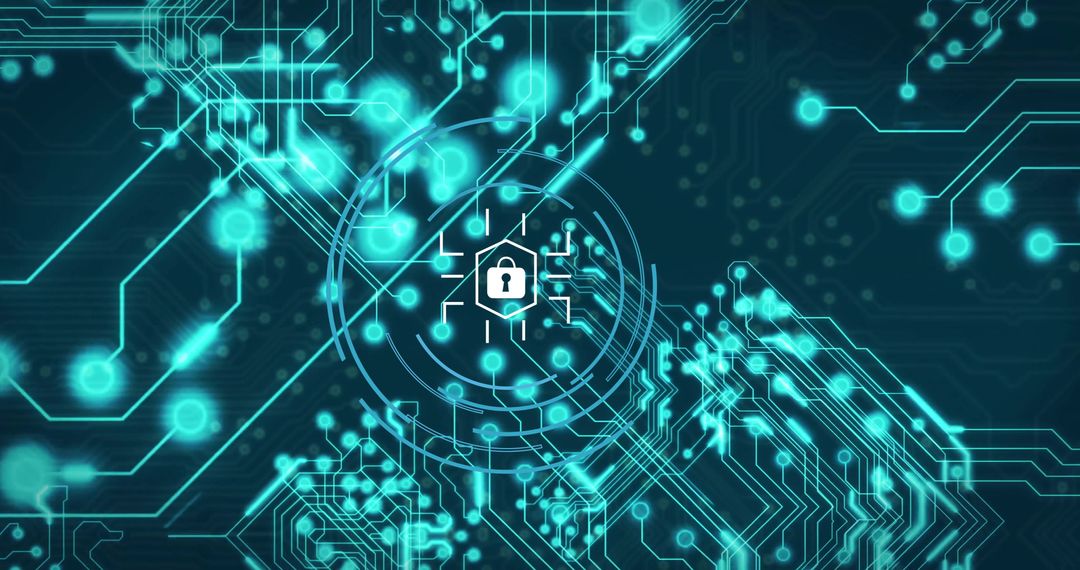 Cybersecurity Concepts with Digital Circuit and Lock Symbol