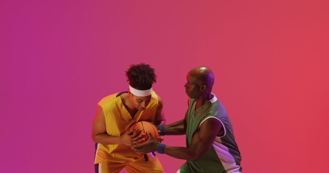 Two basketball players competing for ball on colorful background - Free Images, Stock Photos and Pictures on Pikwizard.com