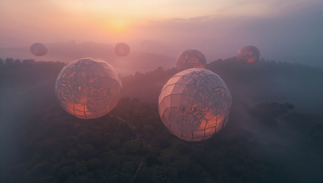 Hovering faceted glass orbs glowing over misty forest at sunset, futuristic ethereal scene