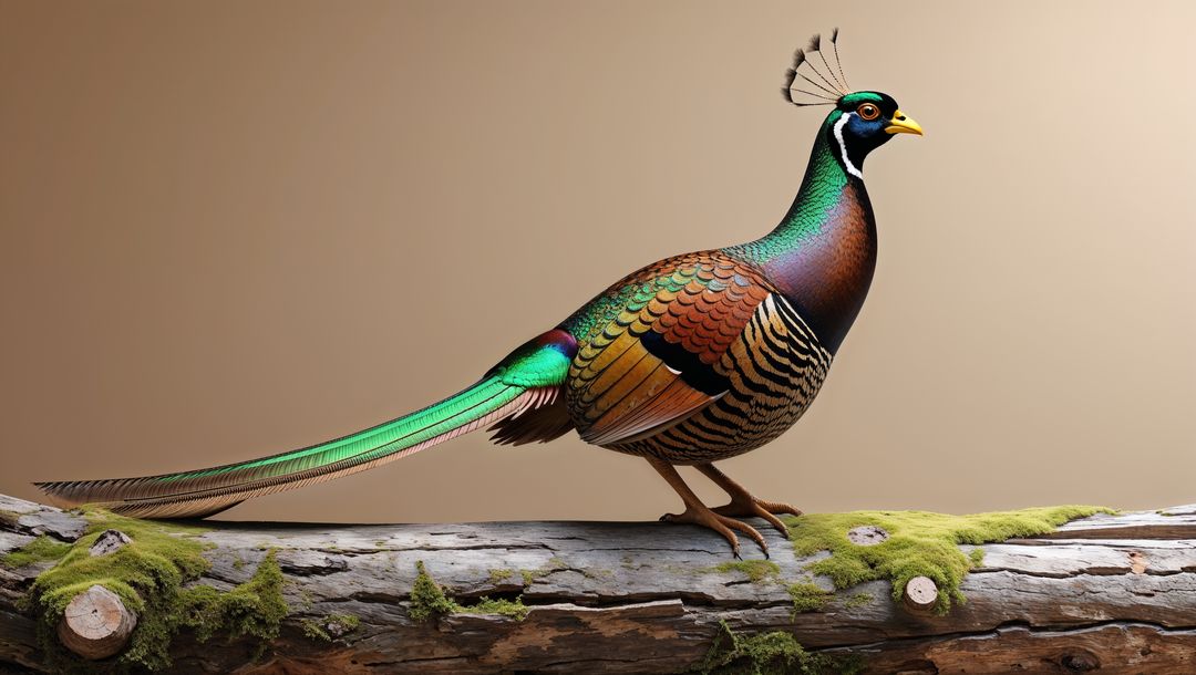 Iridescent pheasant animal perched on mossy log with beige backdrop