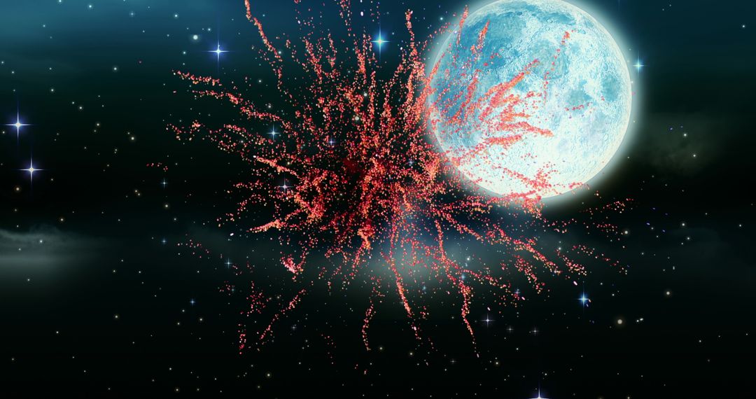 Red Fireworks Display Against Moonlit Galactic Backdrop