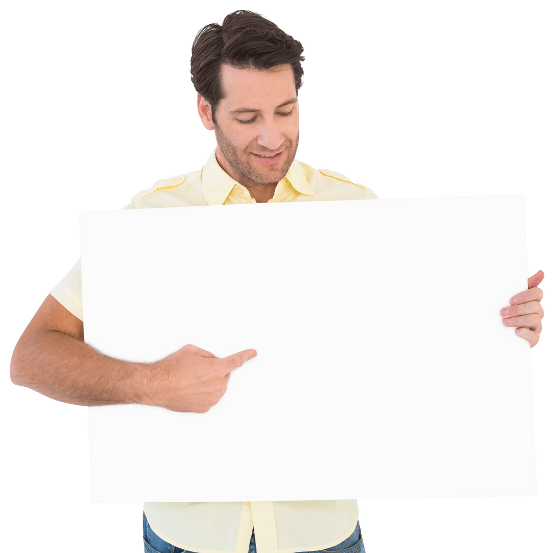 Attractive Man Smiling Pointing at Large Transparent Blank Poster