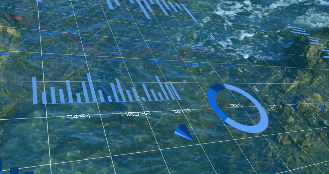 Digital Financial Data Overlaying Ocean Waves