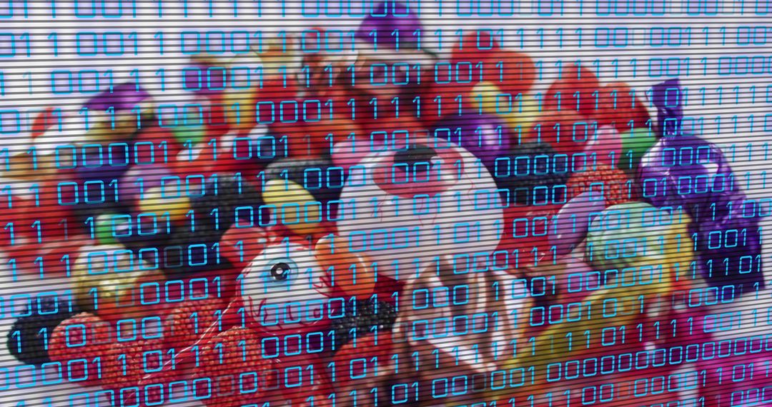 Colorful Plush Toy Pile Blending Soft Stuffed Animals with Binary Code Glitch Overlay