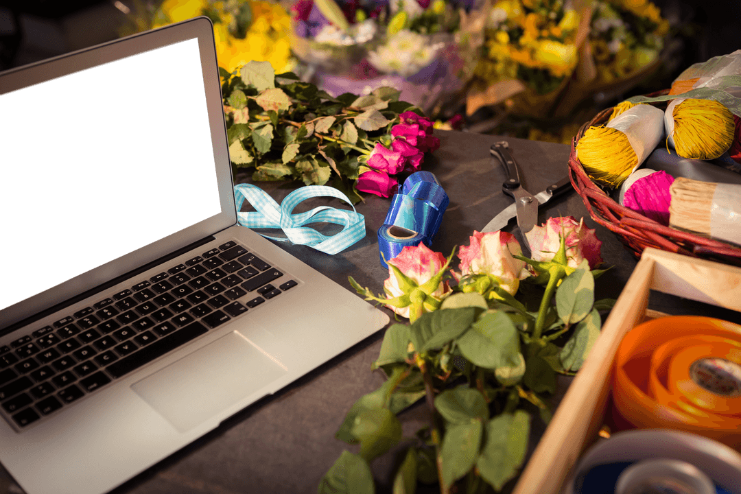 Florist Workspace with Laptop and Colorful Roses for Transparent Background