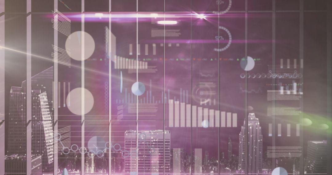 Digital Data Screen Overlay with Futuristic Cityscape