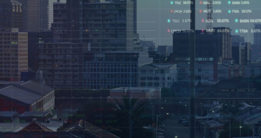 Cityscape Overlaid with Financial Data and Digital Interfaces