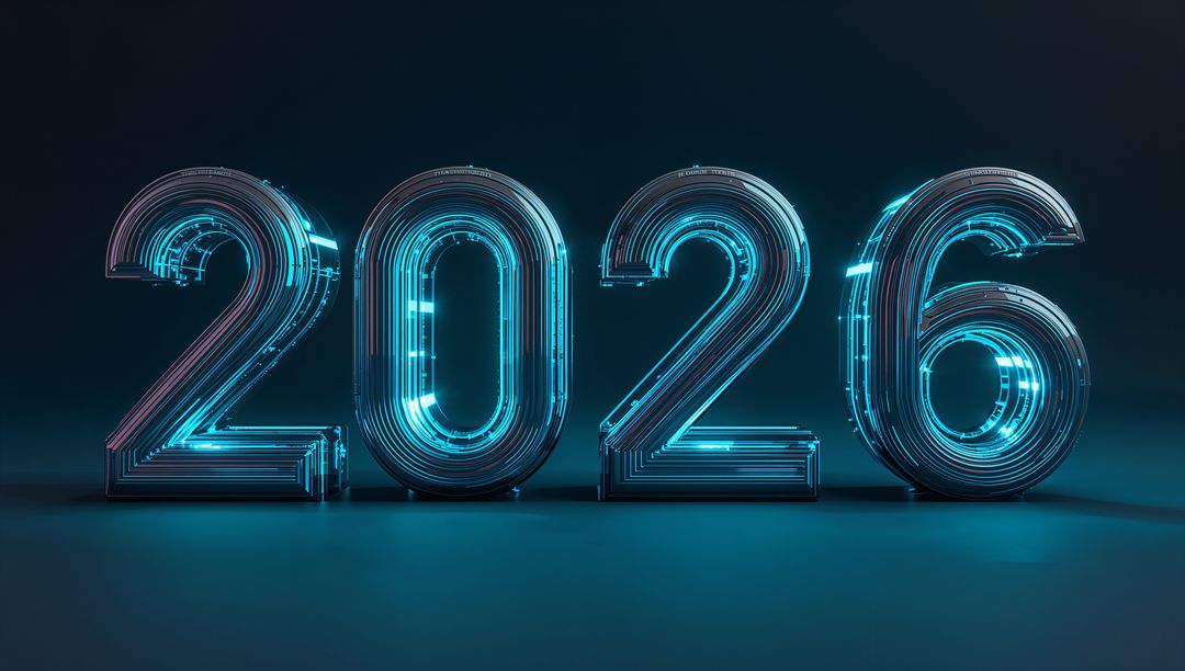 Futuristic 2026 Numerals Glowing with Cyan Circuit Traces Reflecting on Dark Neon Floor