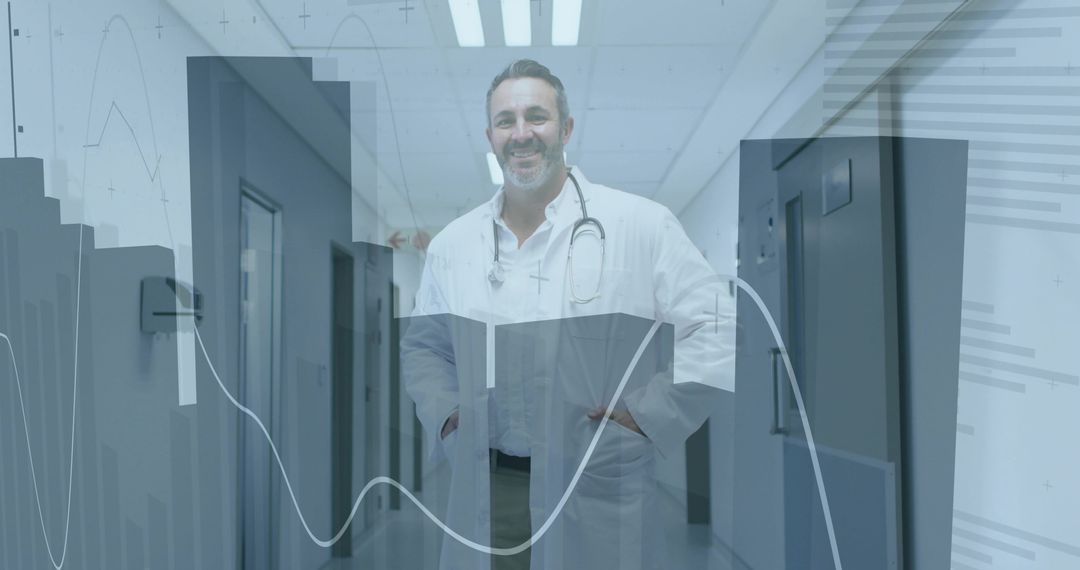 Doctor with Data Overlay in Modern Hospital Setting