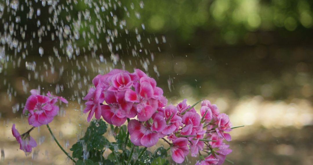 Pink Flowers Being Watered in Garden, Refreshing Summer Scene - Free Images, Stock Photos and Pictures on Pikwizard.com