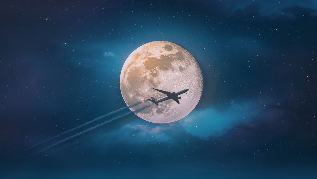 Jet Soaring Across Moonlit Sky with Stellar Backdrop