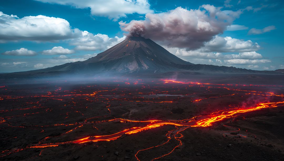 Active Volcano Emits Ash with Flowing Lava on Volcanic Terrain