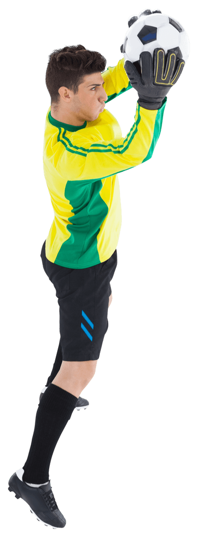 Goalkeeper Jumping While Holding Football on Transparent Background