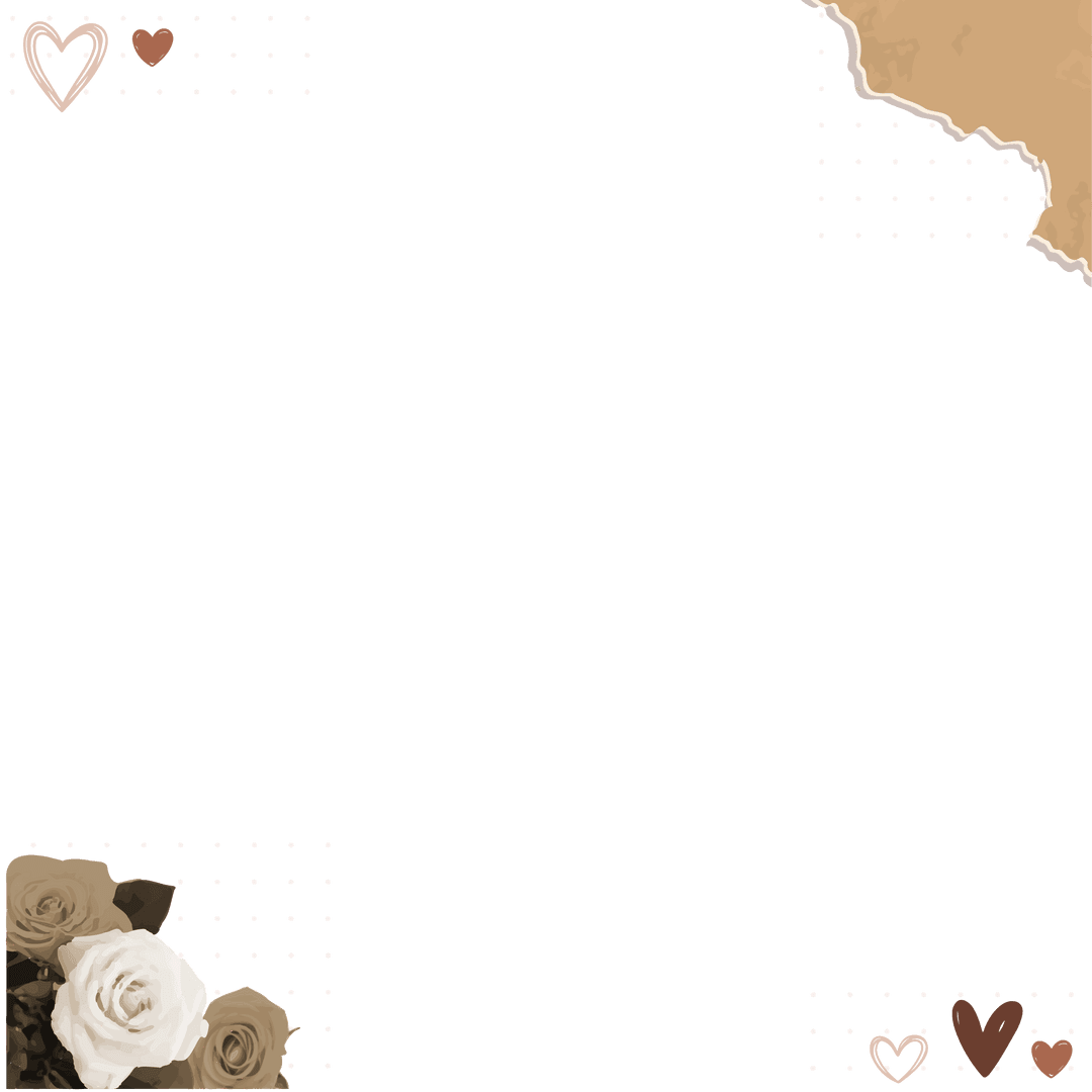 Transparent Frame with Cream Roses and Brown Hearts on Vintage Background