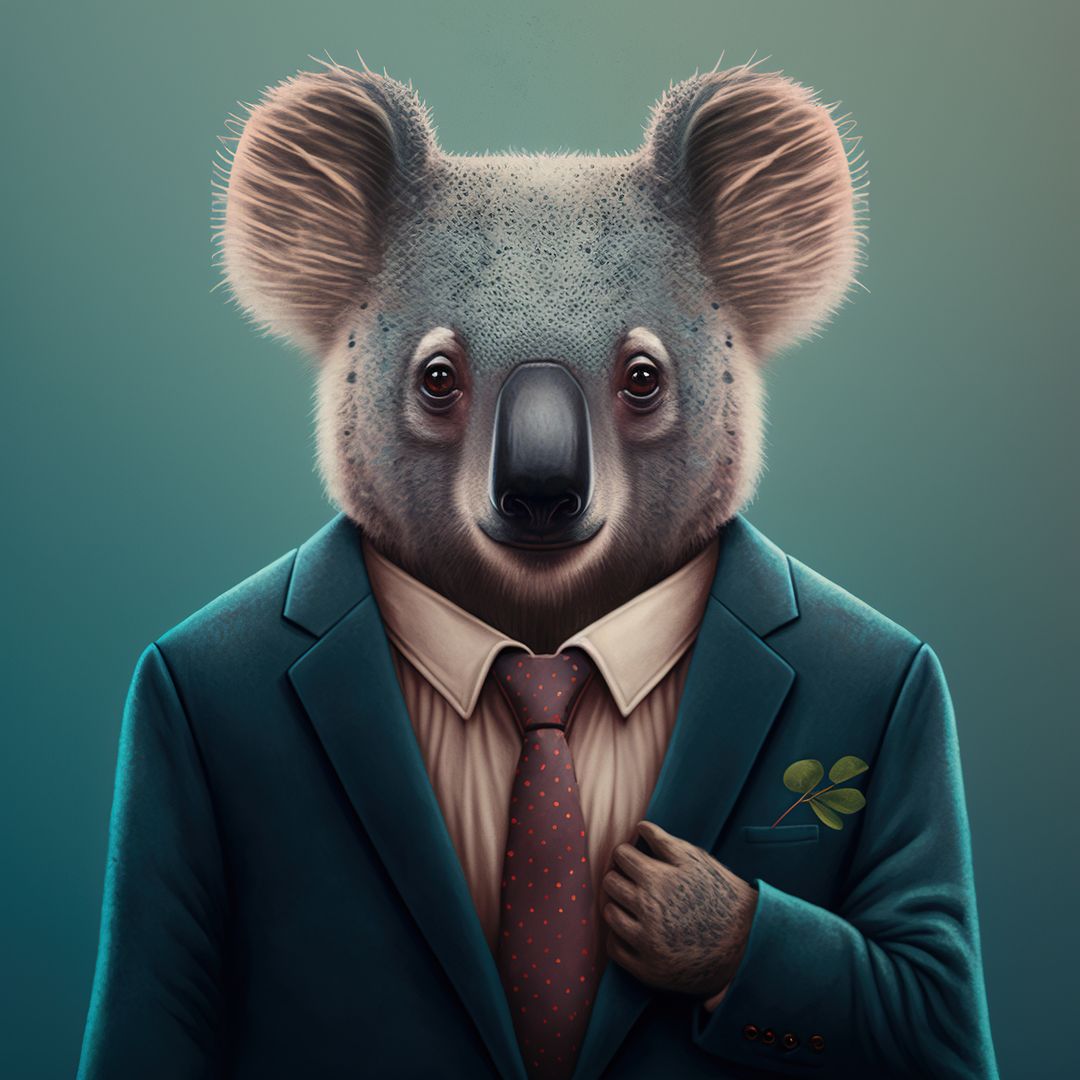 Portrait of koala in suit and brown tie on blue background, created using generative ai technology - Free Images, Stock Photos and Pictures on Pikwizard.com