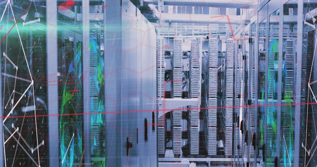 Aisle Between Server Racks with Futuristic Data Overlay