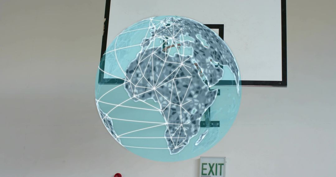 Projecting Holographic Globe Showing Global Network Connections in Gym with Backboard