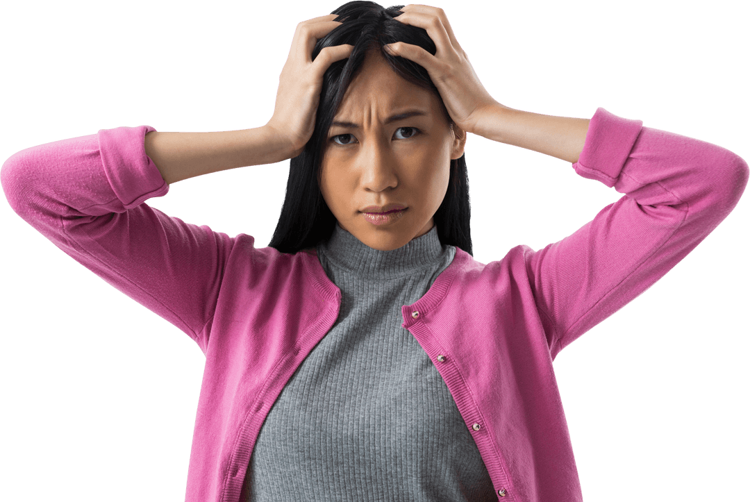 Transparent Image of Concerned Woman Gripping Head in Stress