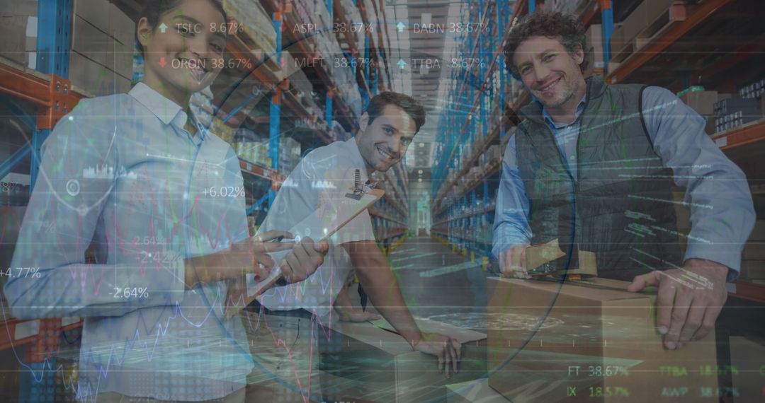 Warehouse Team With Financial Graphs Overlay Symbolizing Efficiency