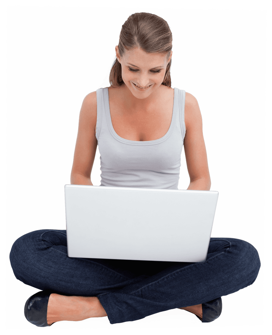 Smiling Woman Sitting Cross-Legged With Laptop Isolated Transparent