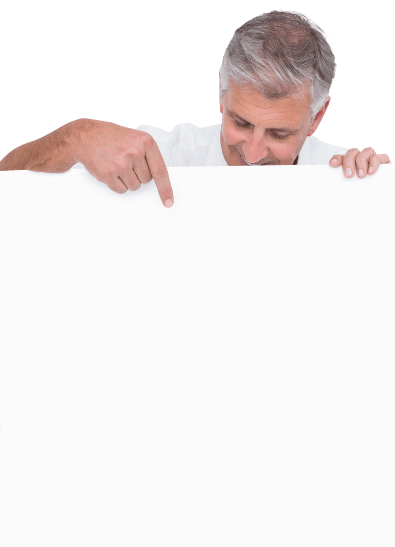 Smiling Senior Man Pointing at Blank Transparent Sign