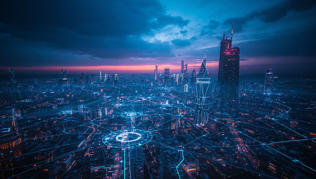 Futuristic Cyberpunk Metropolis Skyline at Dusk