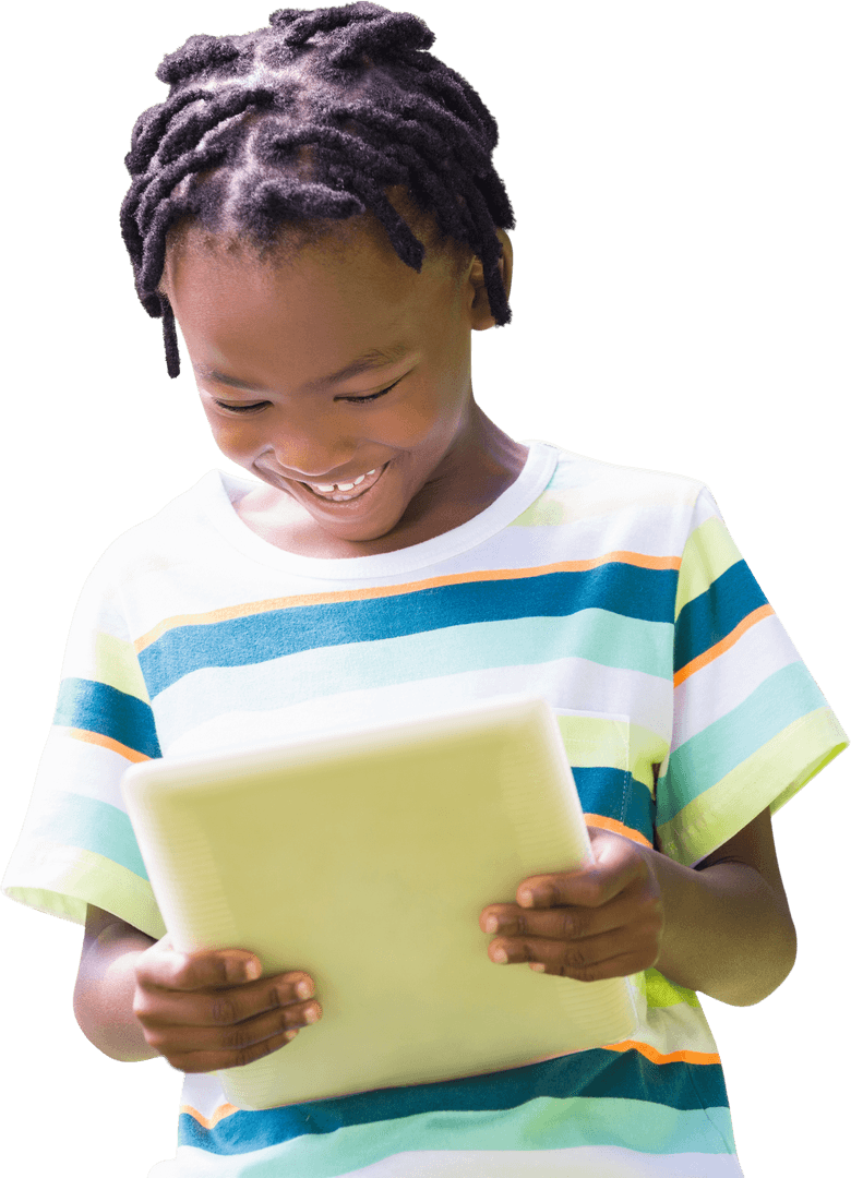 Smiling Boy Engaged with Transparent Tablet Education