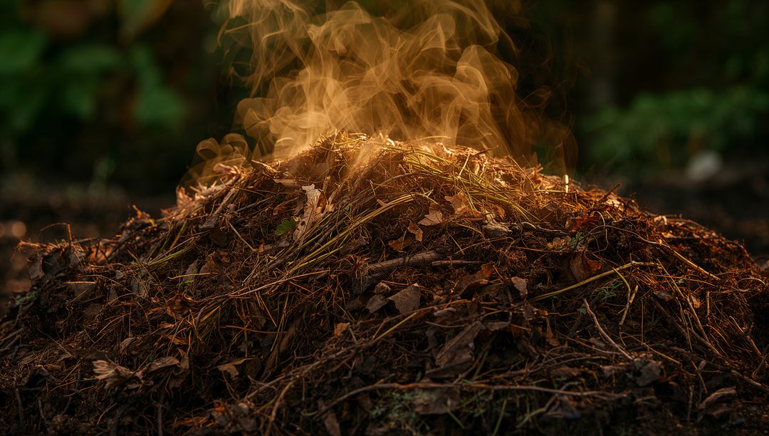 Backlit Smoldering Leaf Litter Sending Steam from Pine Needle Compost Pile at Dawn