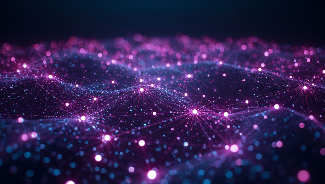 Glowing Networks of Pink and Blue Nodes with Futuristic Data Flow