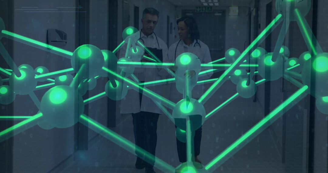 Doctors Discussing Medical Data Amid Futuristic Network Hologram