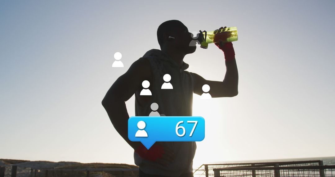 Healthy athlete drinking water with social media follower icons overlay - Free Images, Stock Photos and Pictures on Pikwizard.com