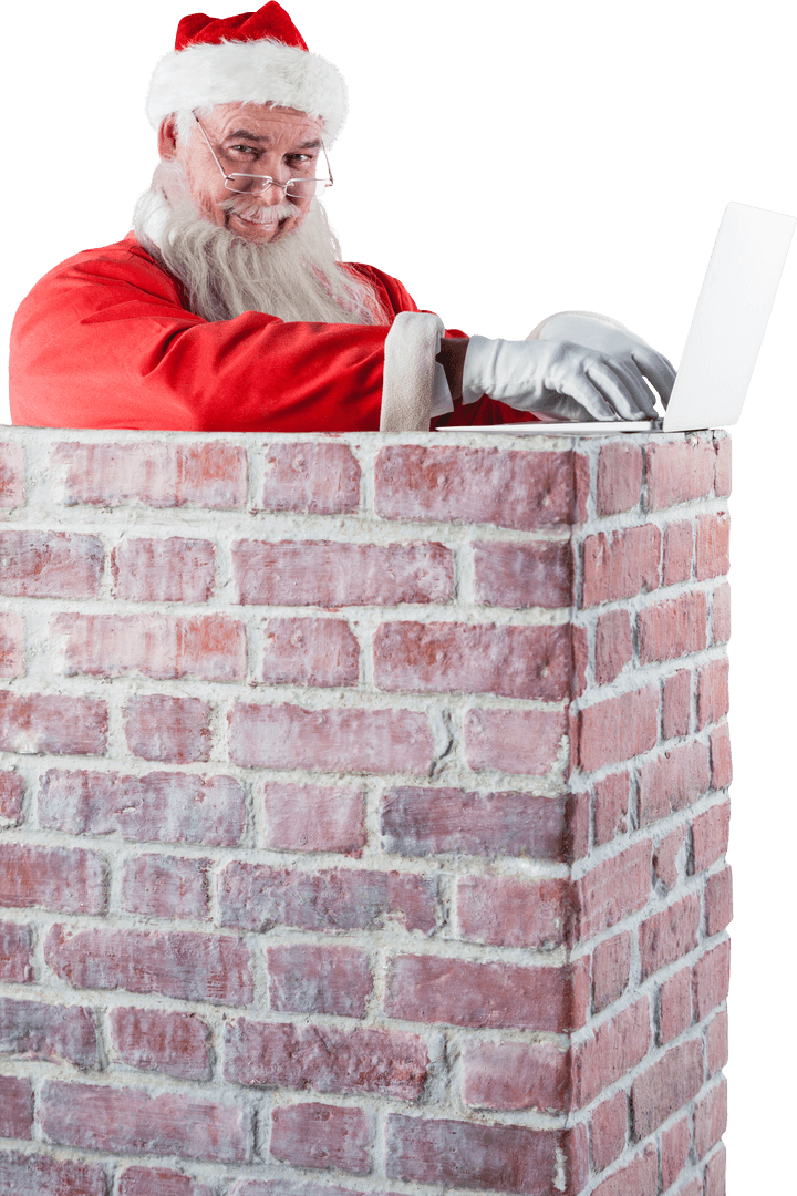 Transparent Santa Claus Using Laptop in Chimney Holiday Concept