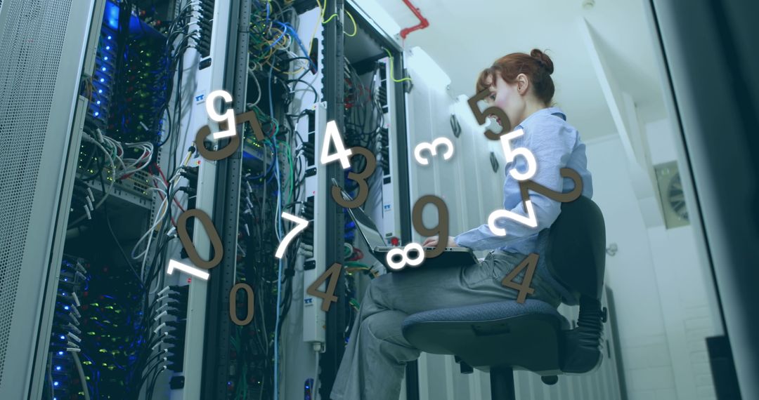 Woman Monitoring Server Room with Digital Interface Overlay