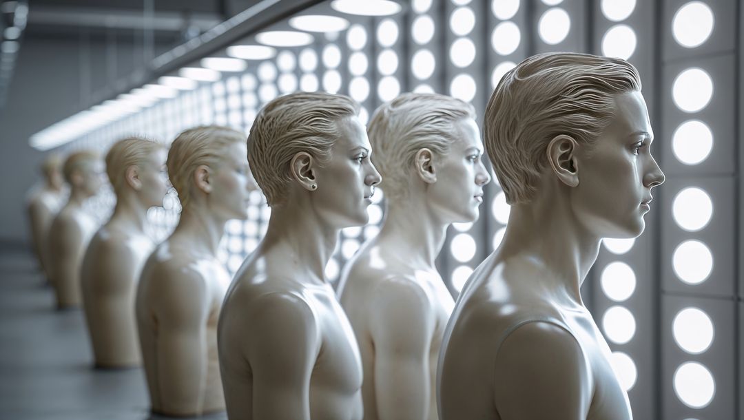 Futuristic mannequin busts with led lighting in modern tech setting, talking heads concept