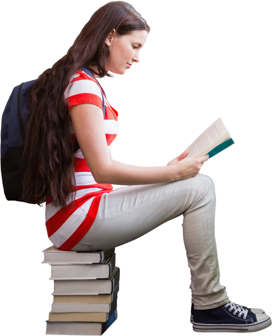 Young Student Sitting on Books Reading Transparent Background - Download Free Stock Images Pikwizard.com